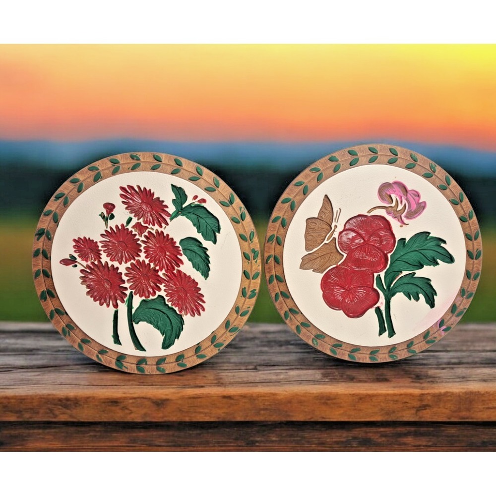 2 Vintage MODERN ART CO Plaster Chalkware 9" Flower Butterfly Wall Plaque USA.